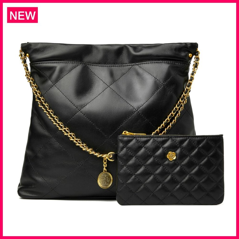 Genuine Leather Quilted Tote Bag Set with Matching Clutch